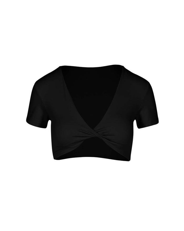 Black crop top with a twist front design on a white background