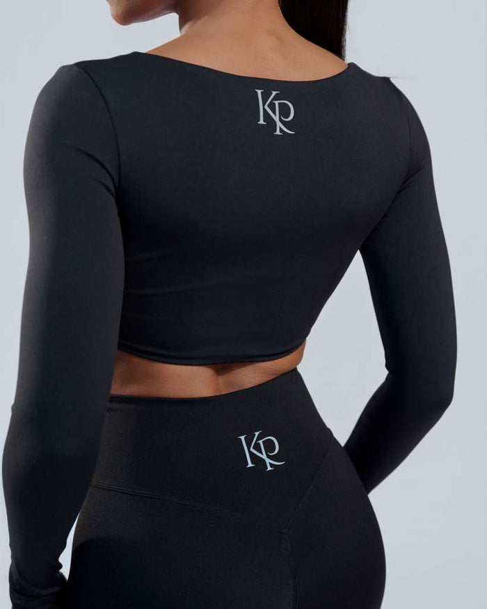 Deep V Crop with sleeves- black