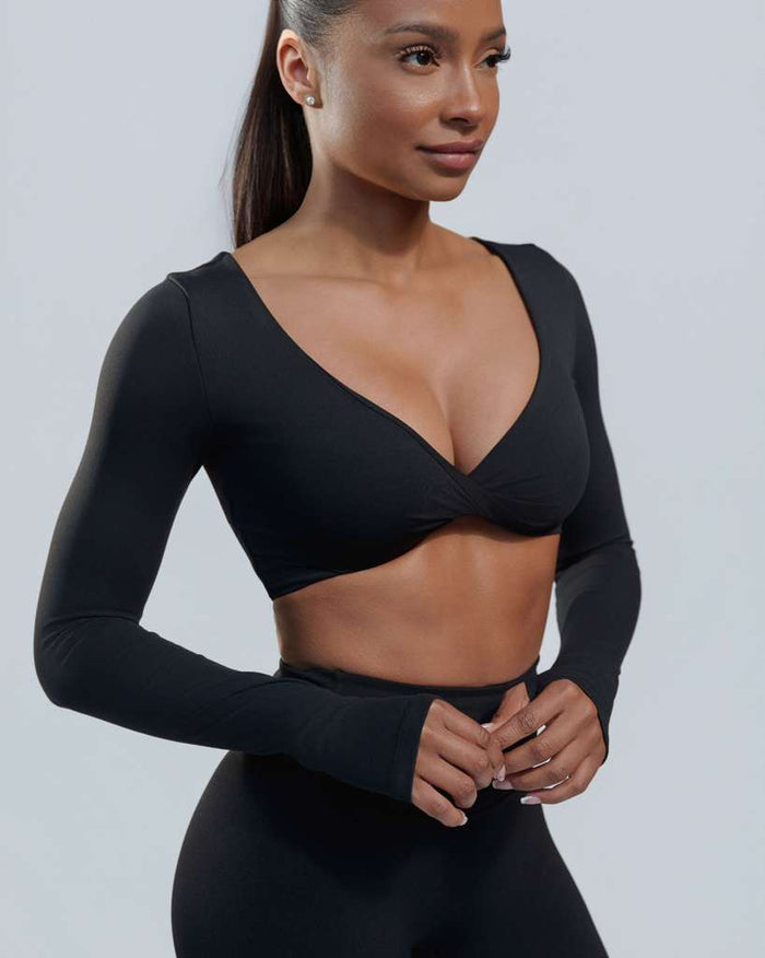 Deep V Crop with sleeves- black
